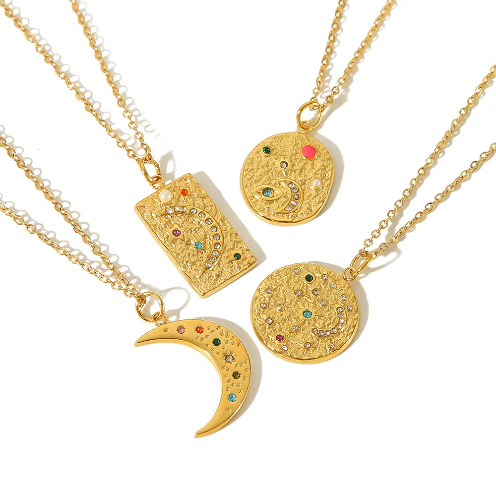 1 Piece Classic Retro Style Moon Shape Stainless Steel 18K Gold Plated Inlay Rhinestones Women's Pendant Necklaces h5 